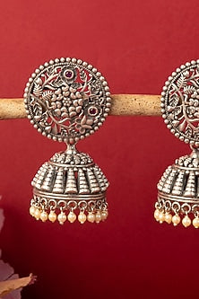 White Finish Pearl Temple Jhumka Earrings In Sterling Silver