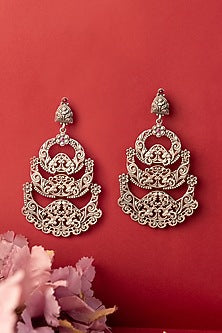 White Finish Temple Dangler Earrings In Sterling Silver