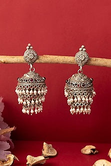 White Finish Kempstone & Pearl Temple Jhumka Earrings In Sterling Silver