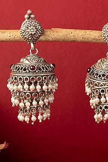 White Finish Kempstone & Pearl Temple Jhumka Earrings In Sterling Silver