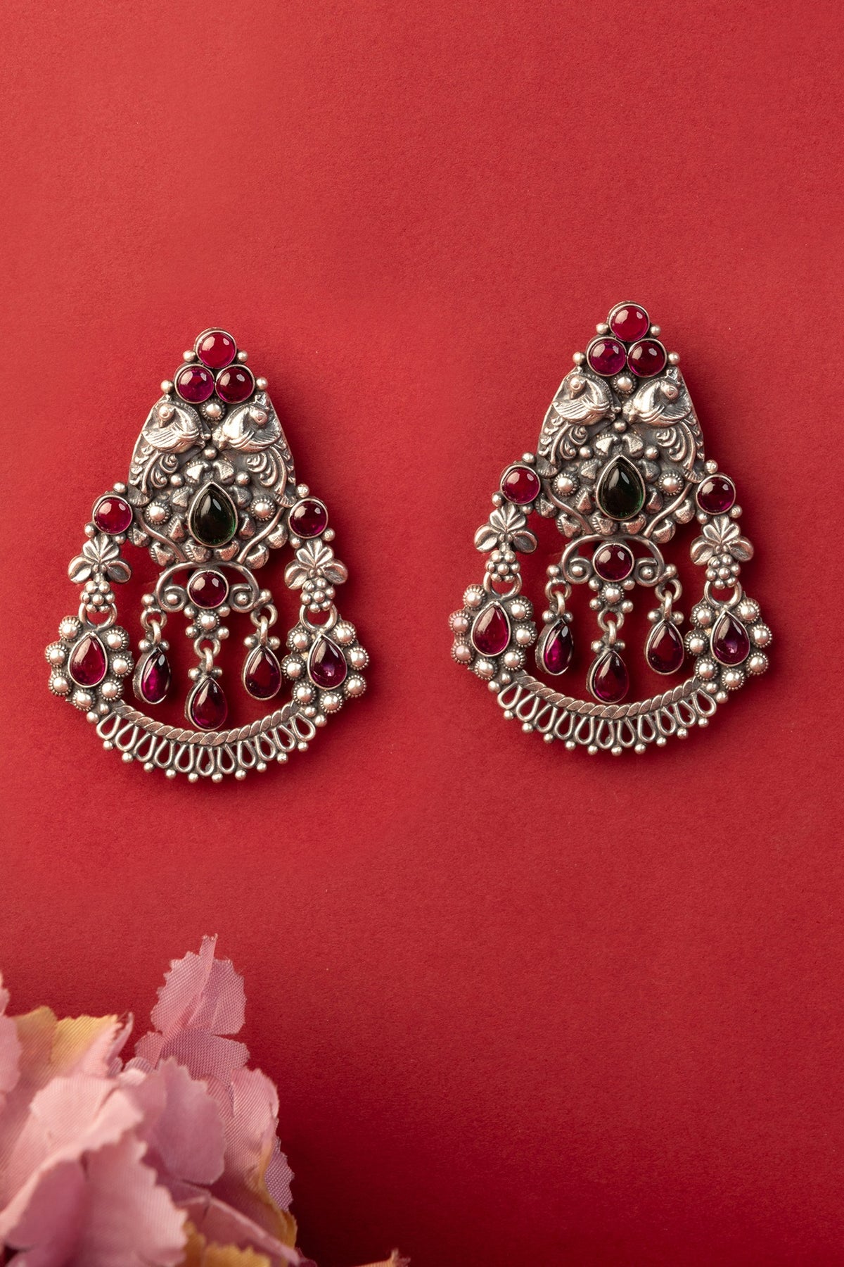 White Finish Kempstone Temple Dangler Earrings In Sterling Silver