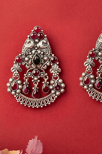 White Finish Kempstone Temple Dangler Earrings In Sterling Silver