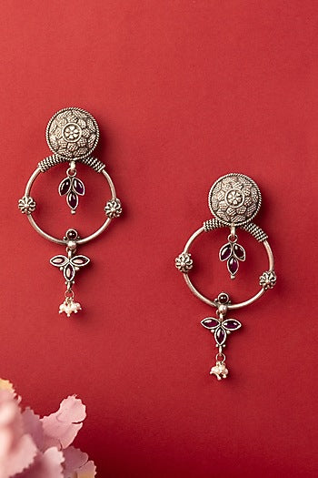 White Finish Kempstone & Pearl Temple Dangler Earrings In Sterling Silver
