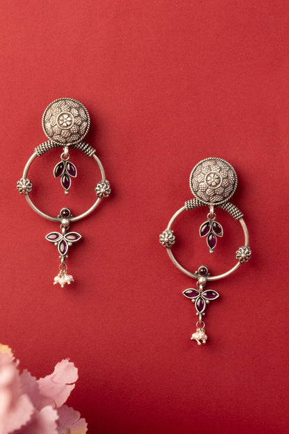 White Finish Kempstone & Pearl Temple Dangler Earrings In Sterling Silver