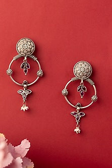 White Finish Kempstone & Pearl Temple Dangler Earrings In Sterling Silver