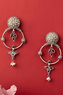 White Finish Kempstone & Pearl Temple Dangler Earrings In Sterling Silver