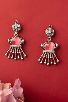 White Finish Rose Quartz Temple Dangler Earrings In Sterling Silver