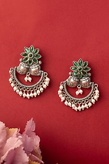 White Finish Kempstone & Pearl Temple Dangler Earrings In Sterling Silver