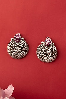 White Finish Temple Stud Earrings In Sterling Silver