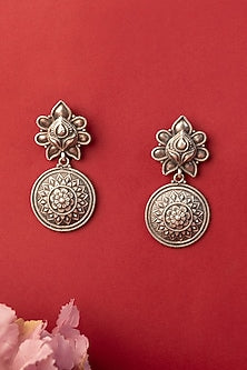 White Finish Tribal Dangler Earrings In Sterling Silver