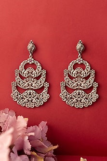 White Finish Temple Dangler Earrings In Sterling Silver