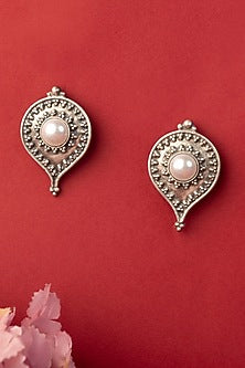 White Finish Pearl Temple Stud Earrings In Sterling Silver