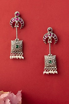 White Finish Kempstone & Pearl Temple Dangler Earrings In Sterling Silver