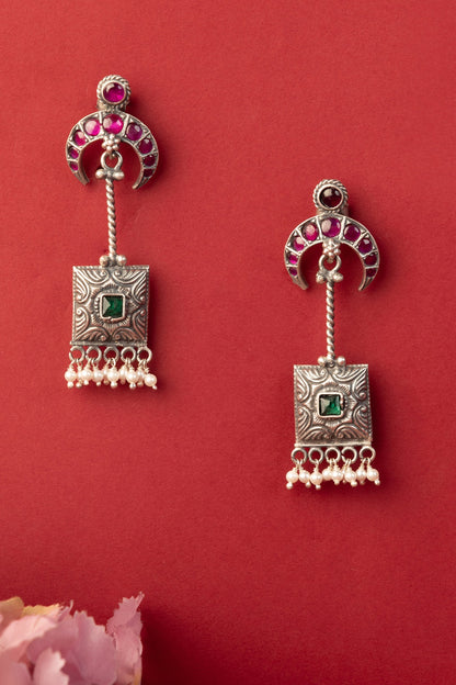White Finish Kempstone & Pearl Temple Dangler Earrings In Sterling Silver