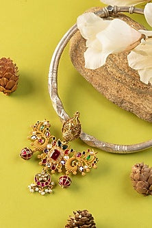 White Finish Kundan Polki & Multi-Colored Stone Temple Necklace In Sterling Silver