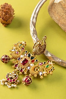 White Finish Kundan Polki & Multi-Colored Stone Temple Necklace In Sterling Silver
