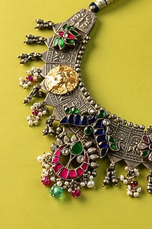 Two-Tone Finish Kundan Polki & Pearl Temple Necklace In Sterling Silver