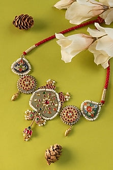 White Finish Kundan Polki & Pearl Temple Choker Necklace In Sterling Silver