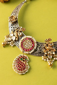 White Finish Kundan Polki & Pearl Temple Necklace In Sterling Silver