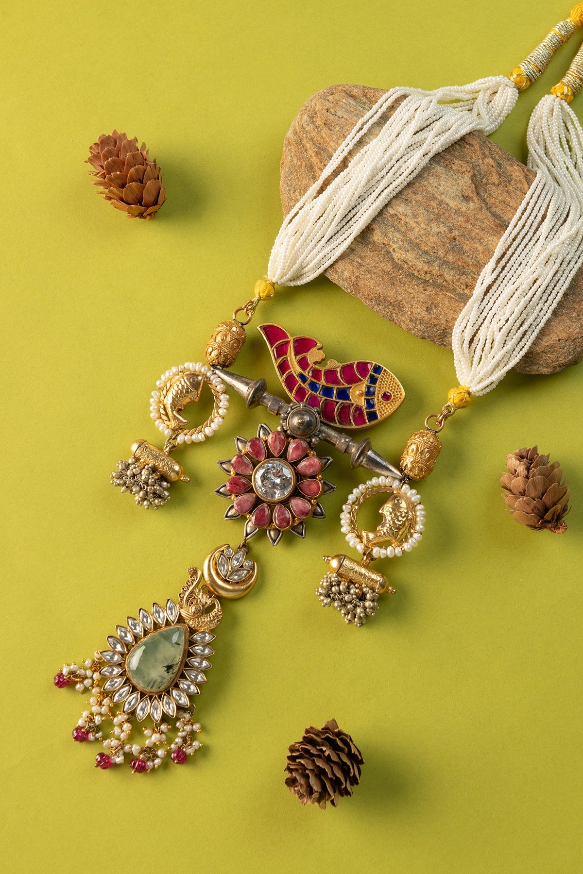 White Finish Kundan Polki & Pearl Temple Long Necklace In Sterling Silver
