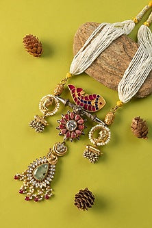 White Finish Kundan Polki & Pearl Temple Long Necklace In Sterling Silver