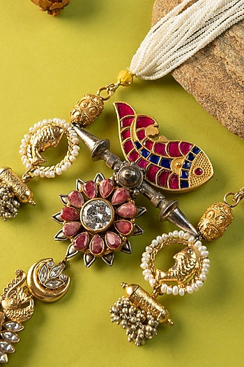 White Finish Kundan Polki & Pearl Temple Long Necklace In Sterling Silver