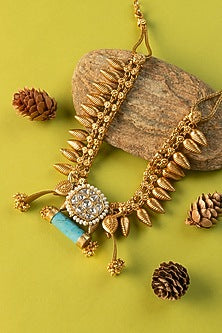 White Finish Turquoise Stone & Kundan Polki Temple Necklace In Sterling Silver