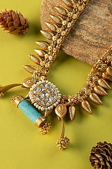 White Finish Turquoise Stone & Kundan Polki Temple Necklace In Sterling Silver