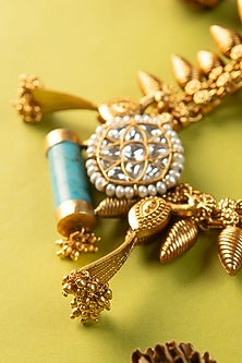 White Finish Turquoise Stone & Kundan Polki Temple Necklace In Sterling Silver
