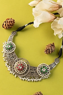 White Finish Kundan Polki & Pearl Temple Necklace In Sterling Silver
