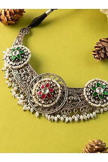 White Finish Kundan Polki & Pearl Temple Necklace In Sterling Silver