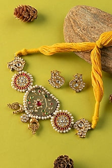 Two-Tone Jade & Kundan Polki Temple Choker Necklace Set In Sterling Silver