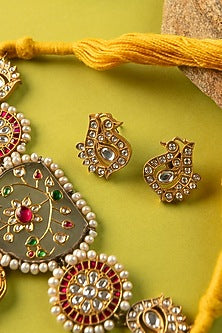 Two-Tone Jade & Kundan Polki Temple Choker Necklace Set In Sterling Silver