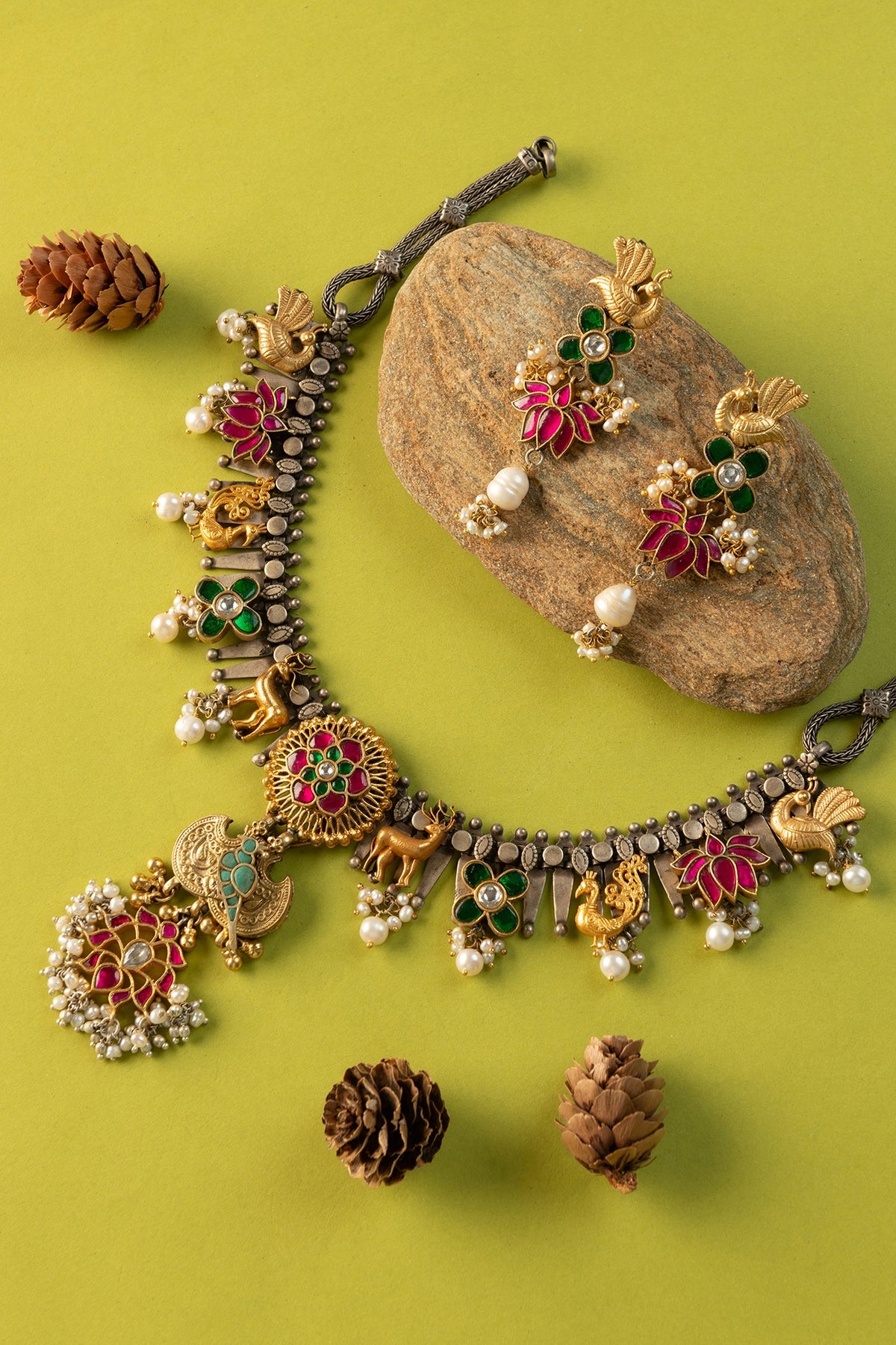 White Finish Kundan Polki & Pearl Temple Long Necklace Set In Sterling Silver