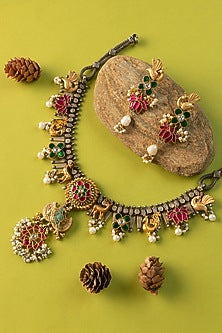 White Finish Kundan Polki & Pearl Temple Long Necklace Set In Sterling Silver