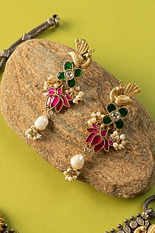 White Finish Kundan Polki & Pearl Temple Long Necklace Set In Sterling Silver