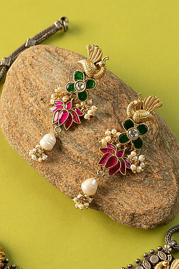 White Finish Kundan Polki & Pearl Temple Long Necklace Set In Sterling Silver