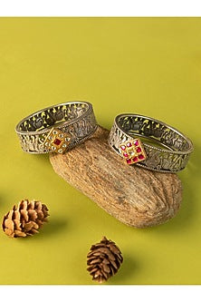 Two-Tone Finish Navratna Stone & Pearl Temple Bangles In Sterling Silver (Set Of 2)
