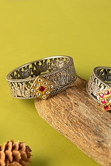 Two-Tone Finish Navratna Stone & Pearl Temple Bangles In Sterling Silver (Set Of 2)