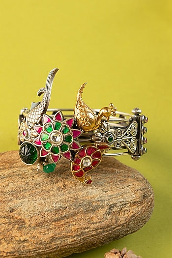 Two-Tone Finish Kundan Polki Temple Kada In Sterling Silver (Set Of 2)