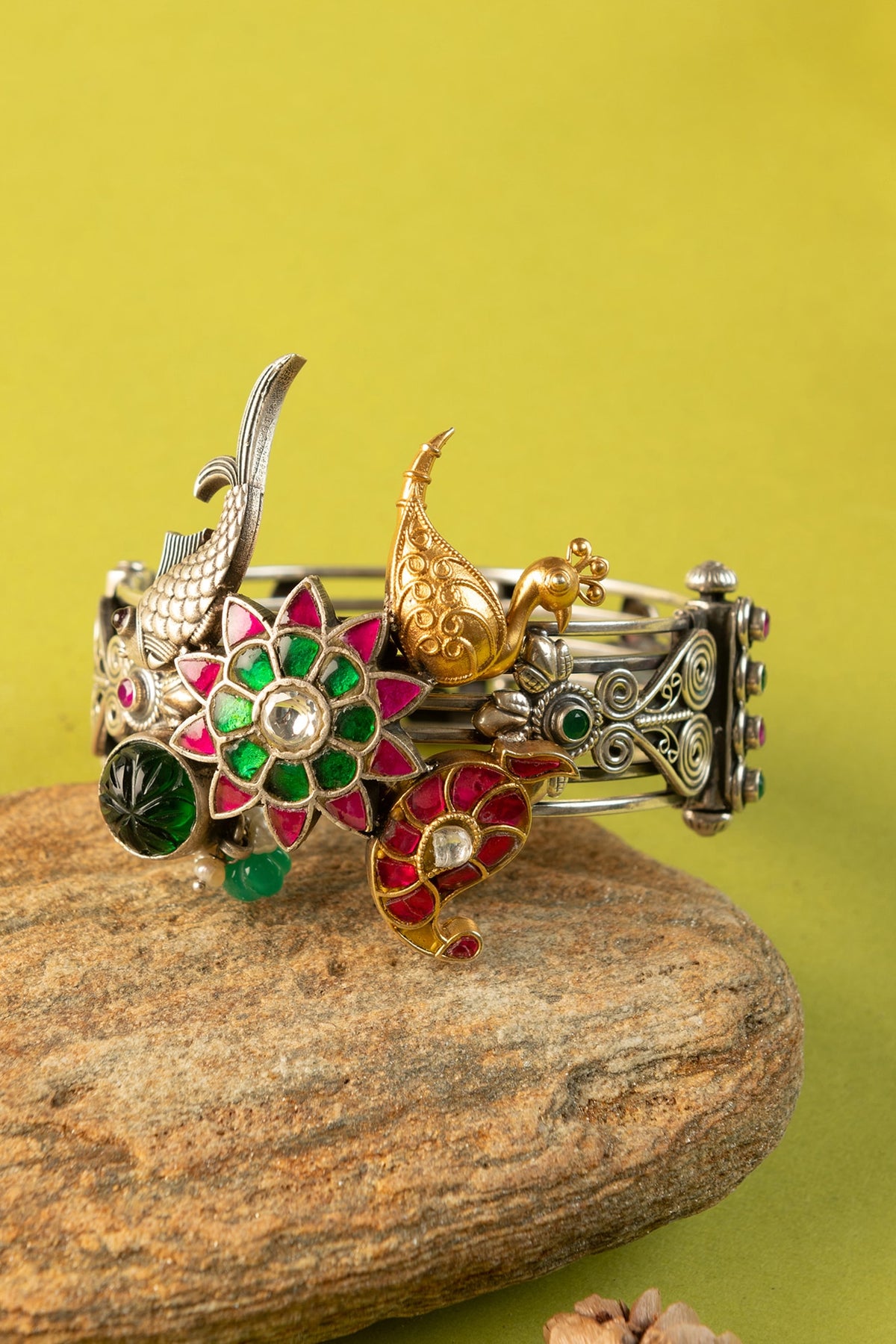 Two-Tone Finish Kundan Polki Temple Kada In Sterling Silver (Set Of 2)