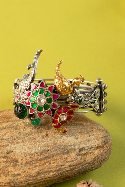 Two-Tone Finish Kundan Polki Temple Kada In Sterling Silver (Set Of 2)