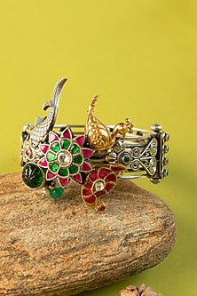 Two-Tone Finish Kundan Polki Temple Kada In Sterling Silver (Set Of 2)