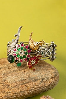Two-Tone Finish Kundan Polki Temple Kada In Sterling Silver (Set Of 2)