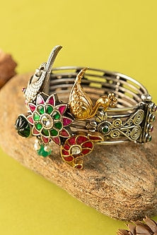 Two-Tone Finish Kundan Polki Temple Kada In Sterling Silver (Set Of 2)