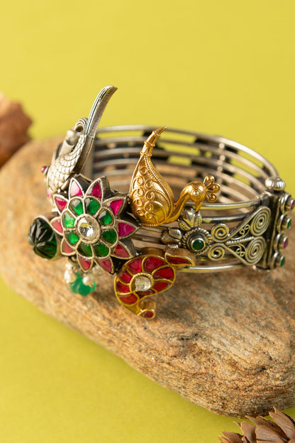 Two-Tone Finish Kundan Polki Temple Kada In Sterling Silver (Set Of 2)