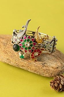Two-Tone Finish Kundan Polki Temple Kada In Sterling Silver (Set Of 2)