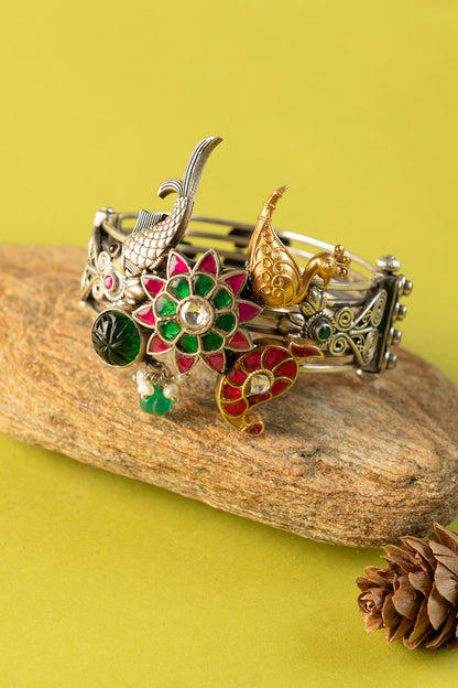 Two-Tone Finish Kundan Polki Temple Kada In Sterling Silver (Set Of 2)