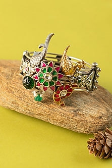 Two-Tone Finish Kundan Polki Temple Kada In Sterling Silver (Set Of 2)