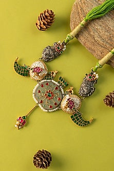 Two-Tone Finish Kundan Polki & Pearl Temple Choker Necklace In Sterling Silver